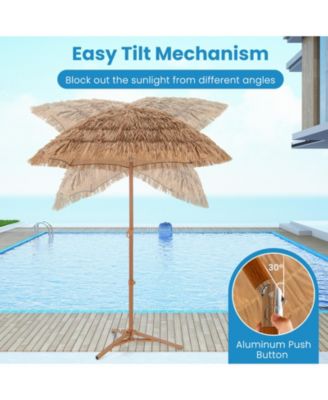 6.5 Feet Thatched Tiki Umbrella with Foldable Stand Push Button Tilt-Natural