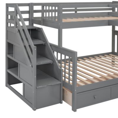 Twin/Twin/Full L-Shaped Bunk Bed w/ Desk, Wardrobe & Drawers