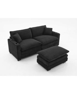 Streamdale L Shape Corduroy Sofa w/ USB, Cup Holder, Footstool - Black