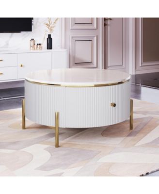 31.5" MDF Marble-Pattern 2-Drawer Golden Leg Modern Coffee Table