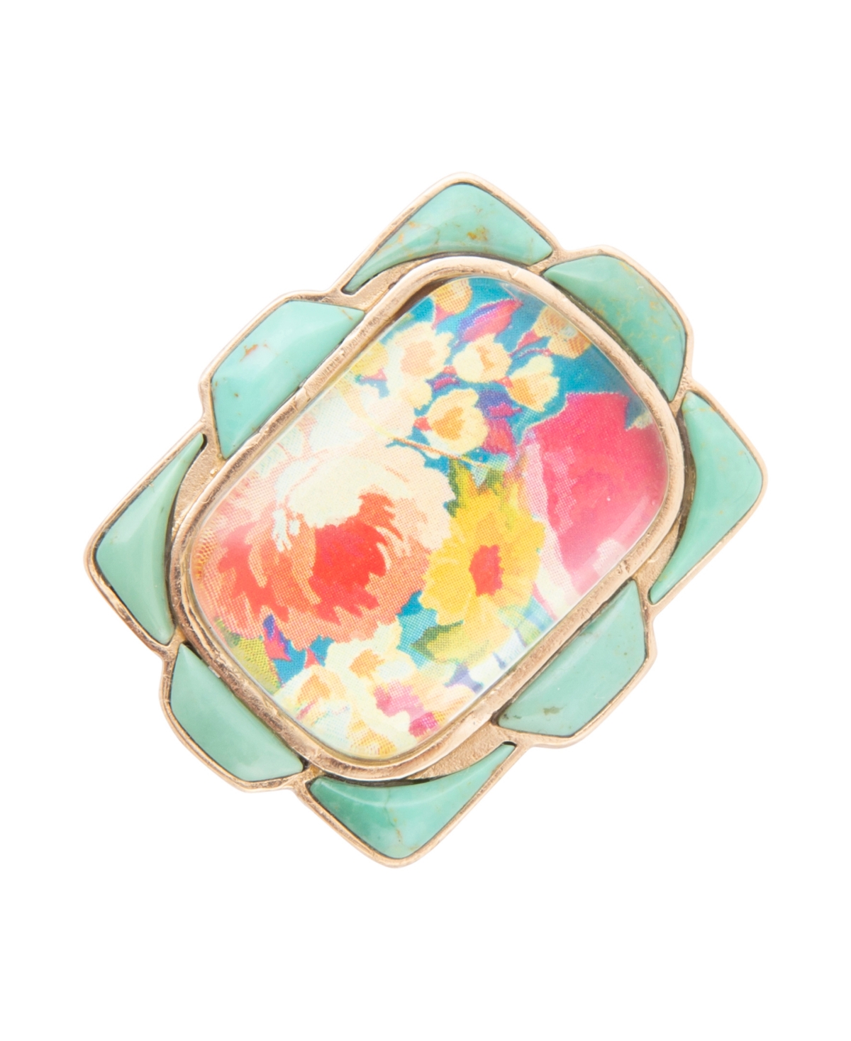 Scenic Floral Blue Turquoise Golden Ring - Genuine Turquoise