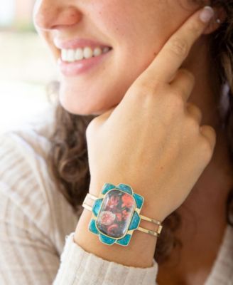 Scenic Red Floral Blue Apatite Golden Cuff Bracelet