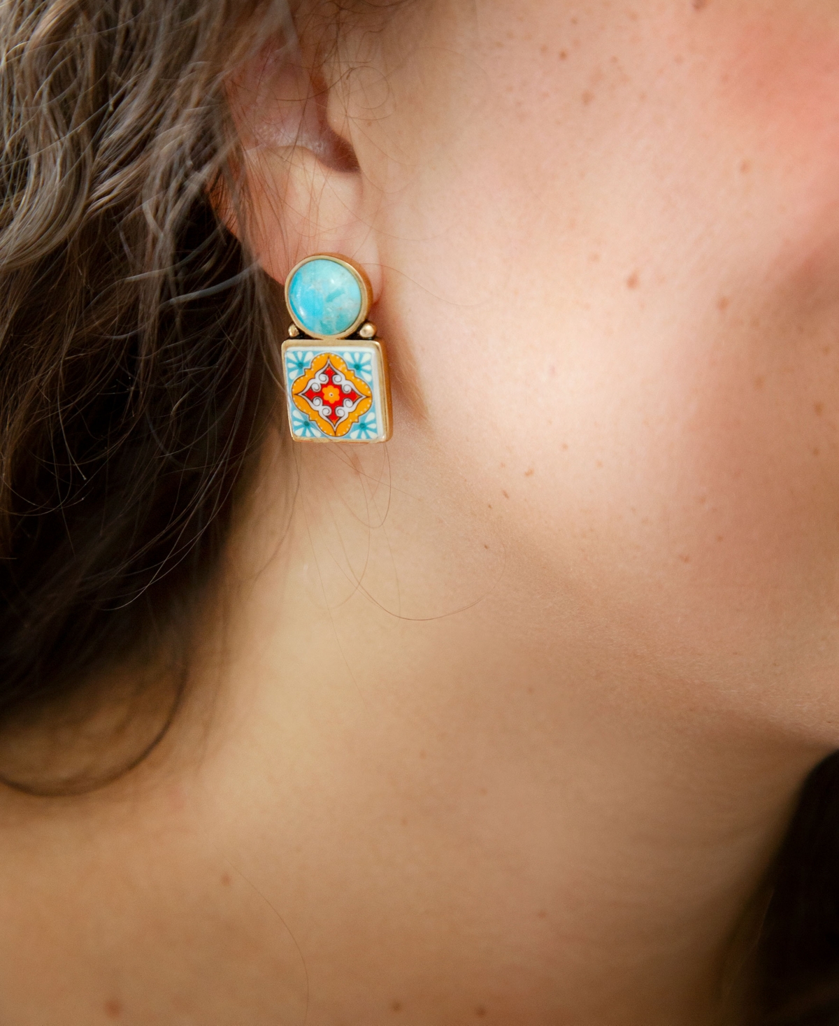 Barse Talavera Tile Blue Turquoise Golden Drop Earrings