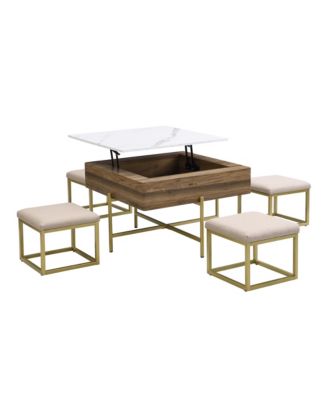 Modern Square Lift-Top Coffee Table Set with Storage & 4 Ottomans