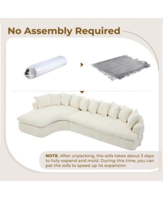 127" Large Beige Corduroy Sectional Sofa - Curved Design, High-Resilience Foam