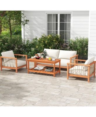 2-Tier Patio Coffee Table with Slatted Tabletop and Shelf