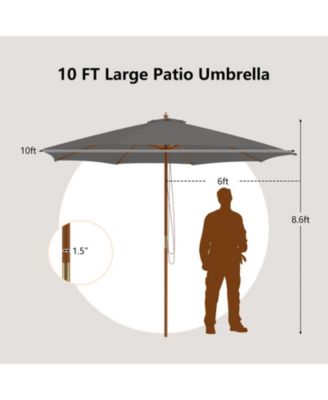 10 Feet Patio Umbrella with 8 Wooden Ribs and 3 Adjustable Heights