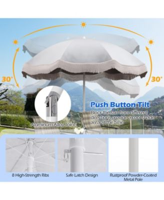 6.5 FT Beach Umbrella with Fringe Outdoor Tassel Umbrella with Push Button Tilt