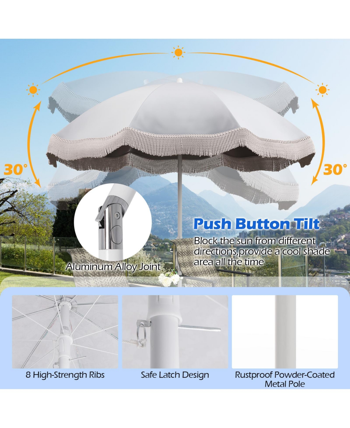 6.5 Ft Beach Umbrella with Fringe Outdoor Tassel Umbrella with Push Button Tilt
