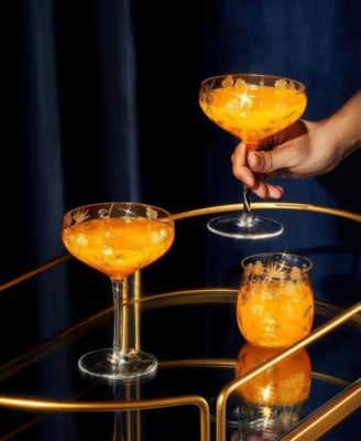 Vintage Floral-Etched Champagne Coupe Glasses, Set of 2