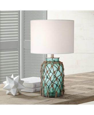 Nautical Accent Table Lamps 22.5" High Set of 2 Coastal Blue Green Rope Net Off White Drum Shade for Living Room Family Bedroom