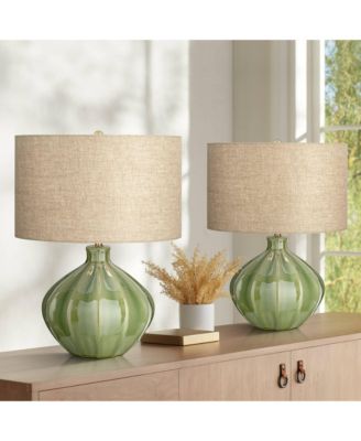 Gordy Modern Accent Table Lamps 20 1/2" High Set of 2 Ribbed Green Ceramic Oatmeal Fabric Drum Shade for Bedroom Living Room Nightstand