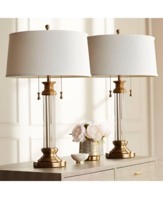 Rolland Traditional Table Lamps 30" Tall Set of 2 Antique Brass Crystal Off White Drum Shade for Bedroom Living Room Nightstand