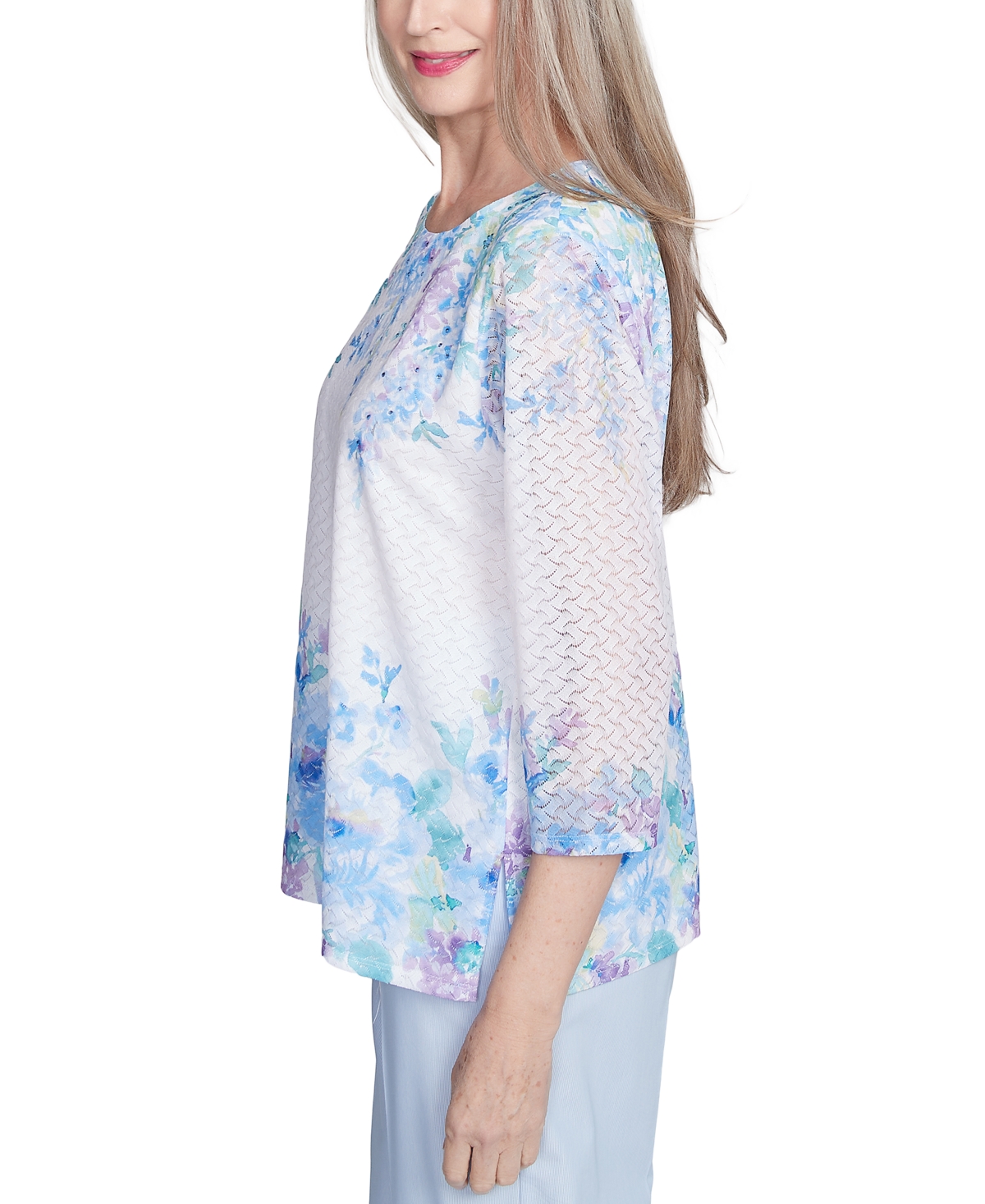 Alfred Dunner Plus Size St. Thomas Textured Sky Blue Floral Border Top In Multi