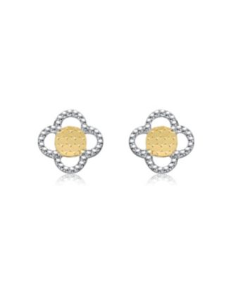 Two-Tone Milgrain Medallion Flower Stud Earrings in White Gold Plated or 14K Gold Plated