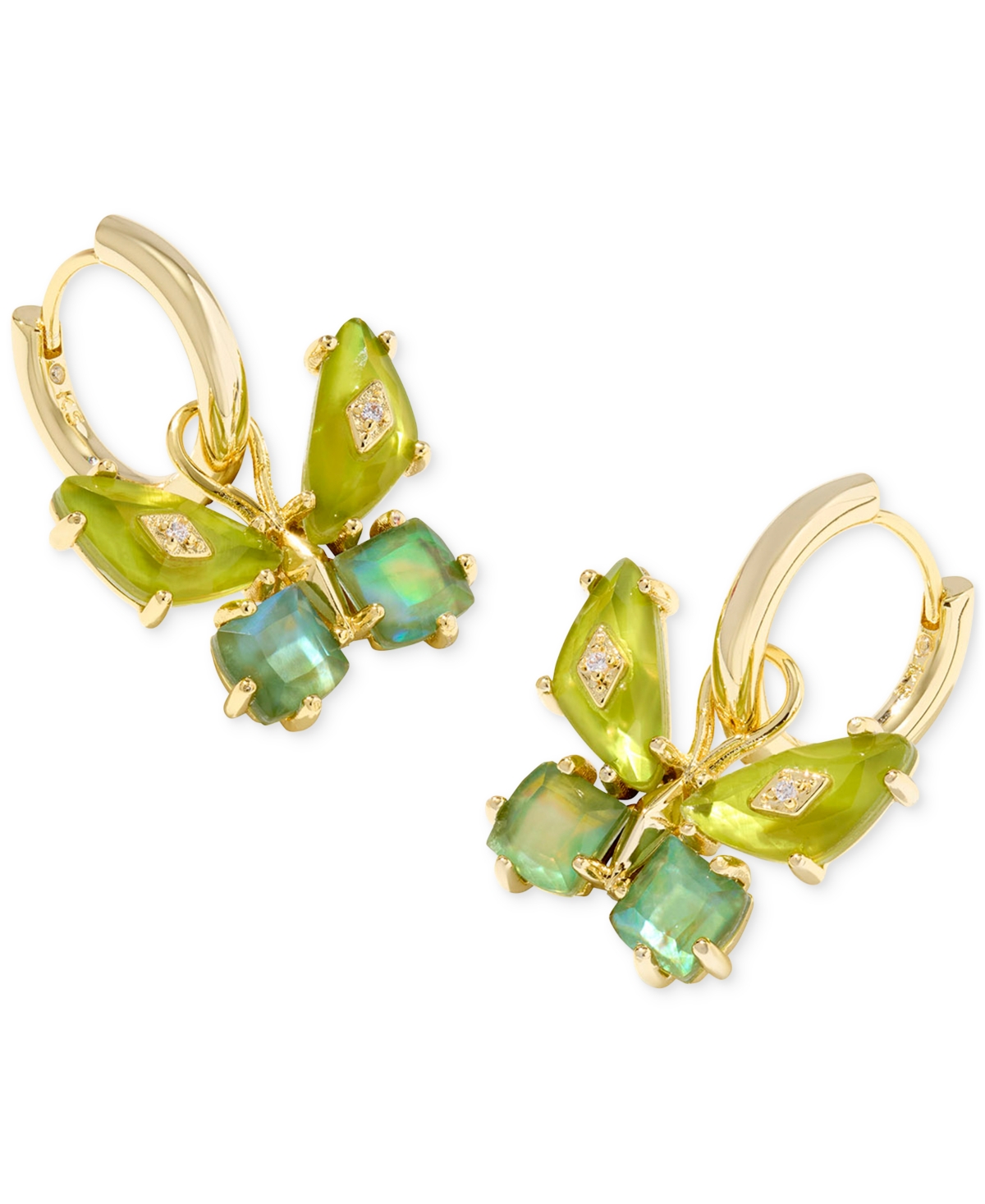 14k Gold-Plated Mixed Stone Butterfly Charm Huggie Hoop Earrings - Iridescent White Mix