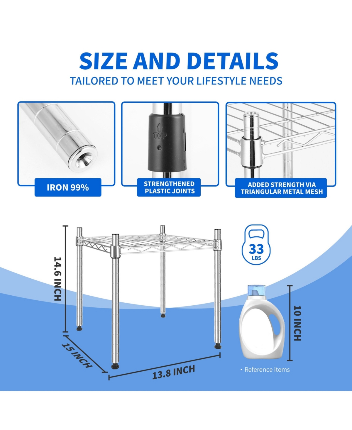 Heavy Duty Shelving Unit, Wire Metal Stackable Storage, 1-Tier Shelf, Chrome, 15" W x 13.8" D x 15" H