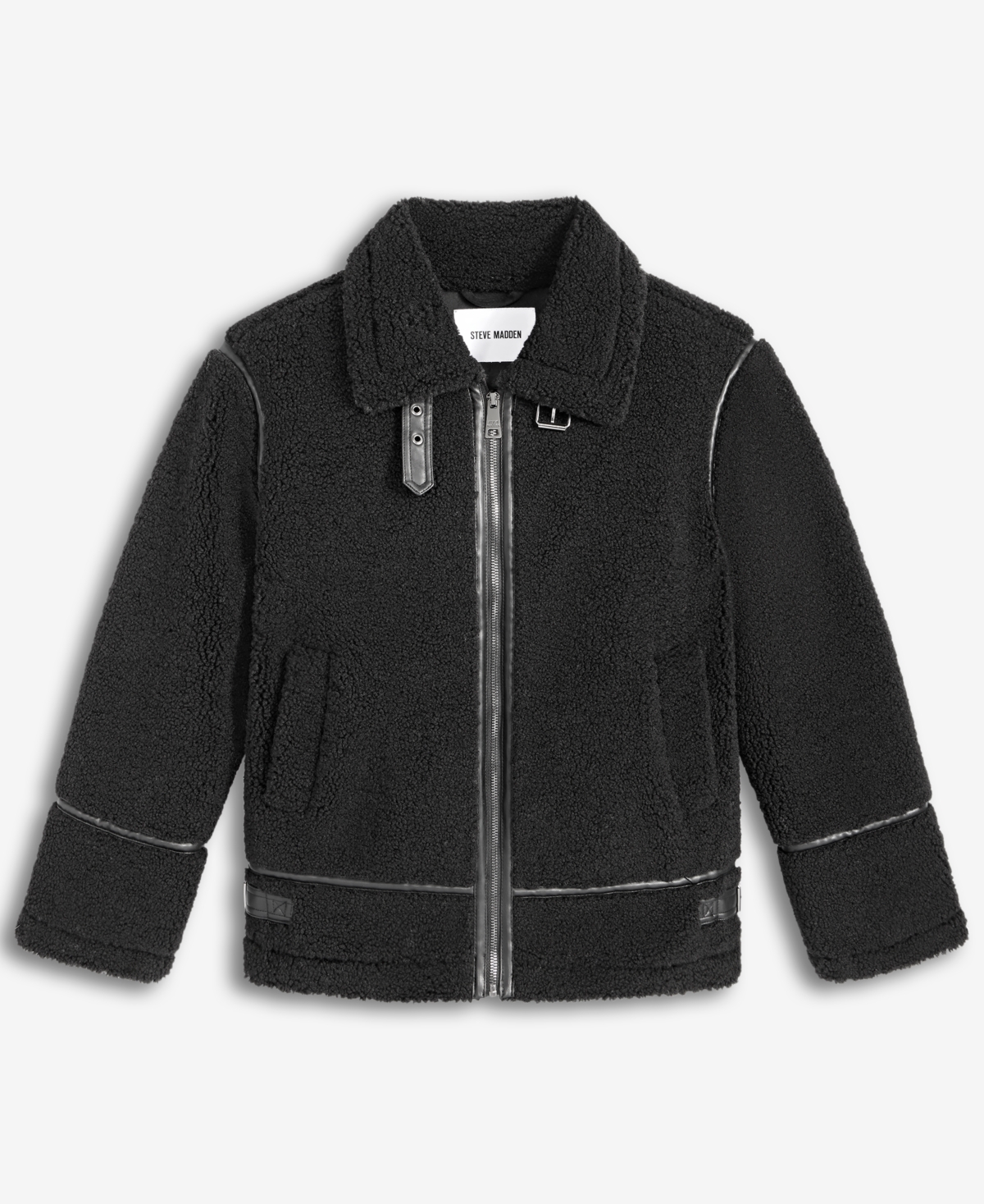 Steve Madden Women's Faux-sherpa Faux-leather-trim Coat In Black