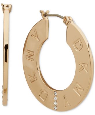 DKNY - Gold-Tone Pav&eacute; Logo Flat Hoop Earrings, 0.66"