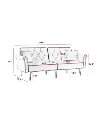   Velvet Tufted Sofa Couch with 2 Pillows and Nailhead Trim