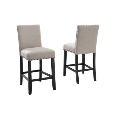 Tan Fabric Counter Height Stools with Nailhead Trim, Set of 2