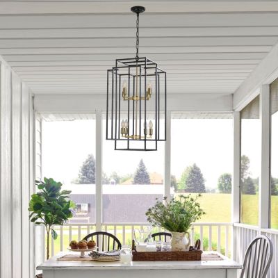 8-Lights Black & Gold Lantern Tiered Pendant Light Fixtures, Industrial Farmhouse Hanging Chandelier (No Bulbs)