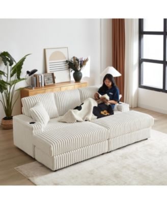 Cozy 84" Corduroy Sofa with Storage, Ottomans, and Pillows
