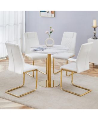 Streamdale Elegant White Marble Table (31.5") & 4 PU Chairs with Gold Accents