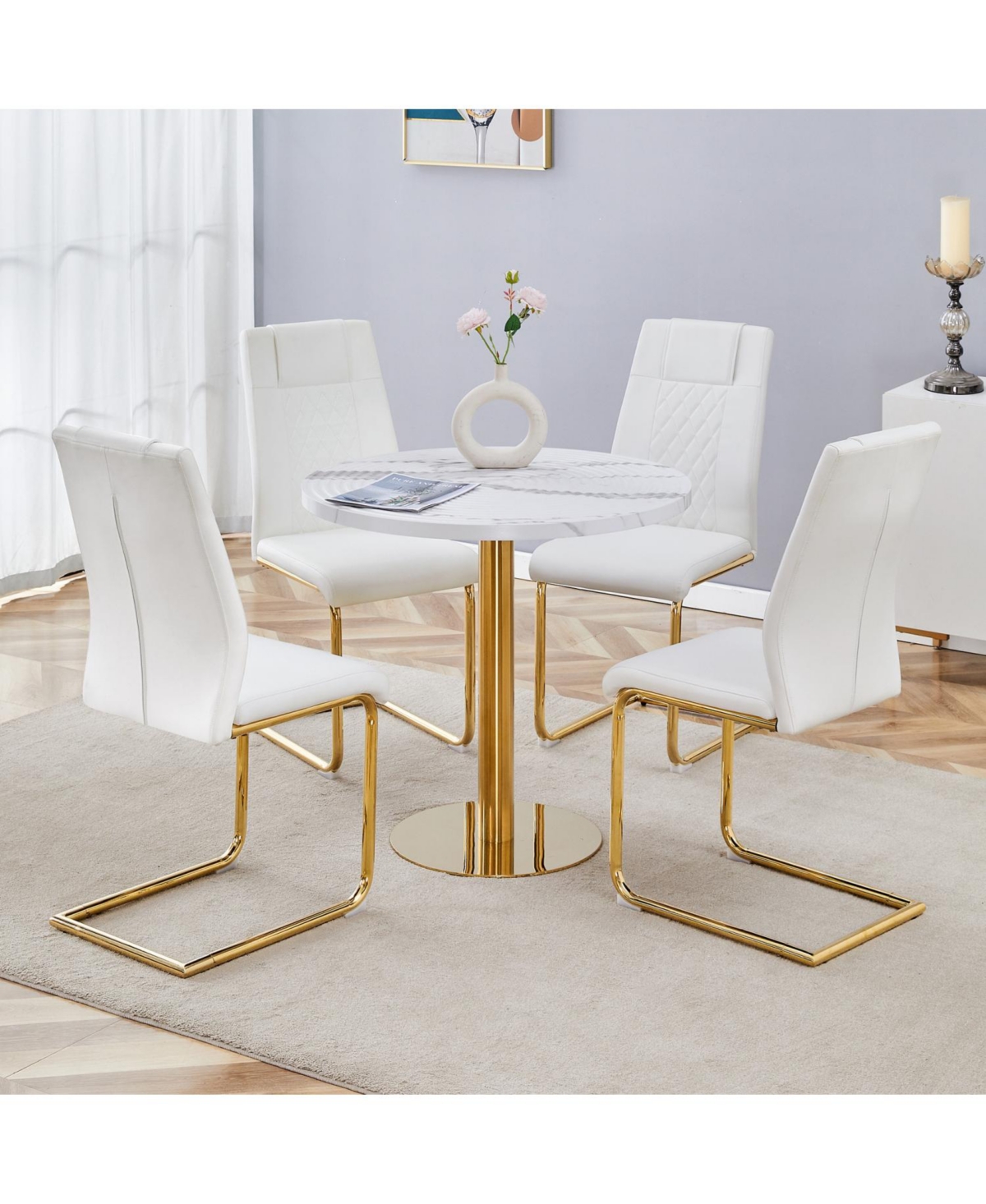 Streamdale Elegant White Marble Table (31.5") & 4 Pu Chairs with Gold Accents