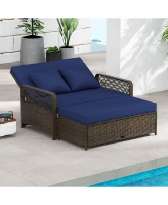 Patio Adjustable Wicker Daybed with 4-Level Backrest and Soft Cushions-Navy