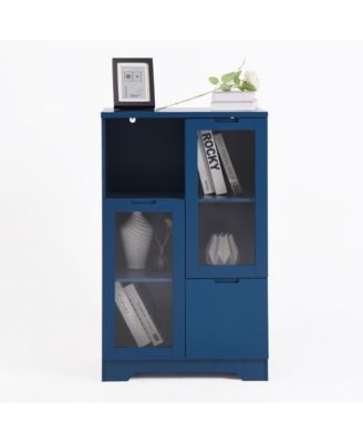 Blue Wooden Floor Cabinet with Glass Doors