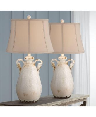 Rustic Country Cottage Table Lamps 29" Tall Set of 2 Crackled Ivory Glaze Ceramic Beige Bell Shade for Bedroom Living Room House Bedside