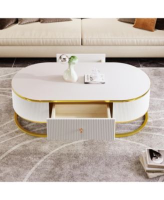 Streamdale Modern Oval Coffee Table with Drawers,Curved Profile Design, Gold Metal Decor, Center Table for Living Room in 47.2"