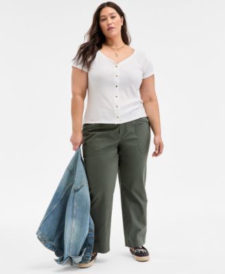 On 34th Trendy Plus Size Snap Front T Shirt Braided Trim Cargo Pants Exclusively At Macys In Green