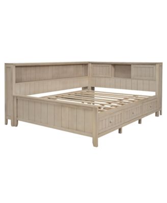 Full Size Wood Daybed with Storage Shelves and 3 Drawers, Antique White Milk