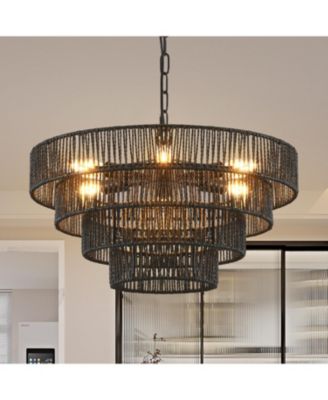 4-Tier Black Hemp Rope Chandelier with 6 Sockets, UL Listed Hardwired Pendant Light