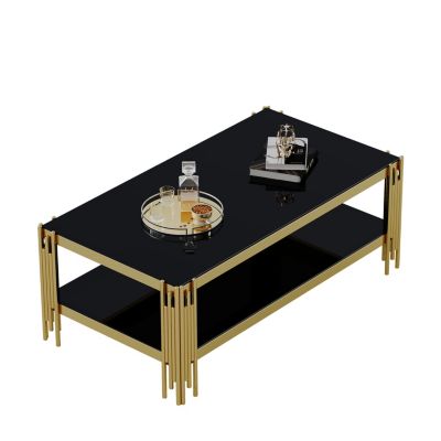 Streamdale Top and Bottom Double Layer Tempered Glass Coffee Table and Mirror Finished Stainless Steel Frame