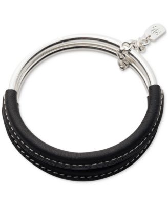 Lauren Ralph Lauren - Silver-Tone 2-Pc. Set Black Leather Bangle Bracelet
