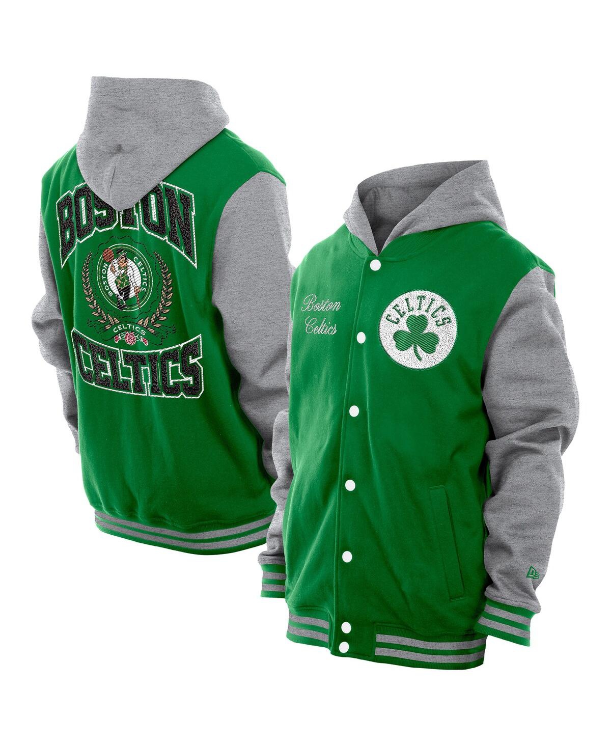 NEW ERA MEN'S KELLY GREEN BOSTON CELTICS THROWBACK PREP CHENILLE FULL-SNAP HOODED VARSITY JACKET 