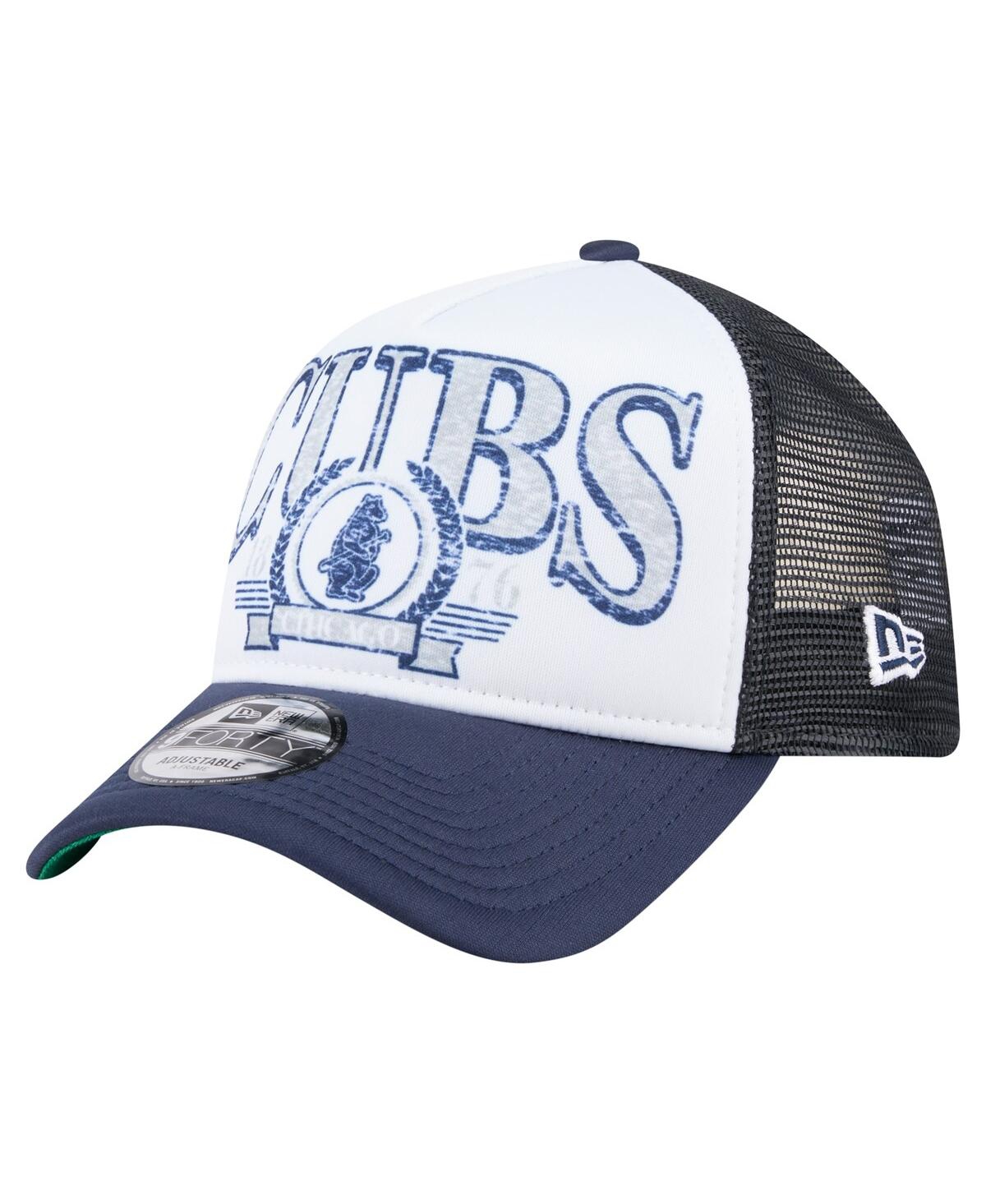 NEW ERA MEN'S WHITE/NAVY CHICAGO CUBS DISTRESSED 9FORTY A-FRAME ADJUSTABLE TRUCKER HAT 