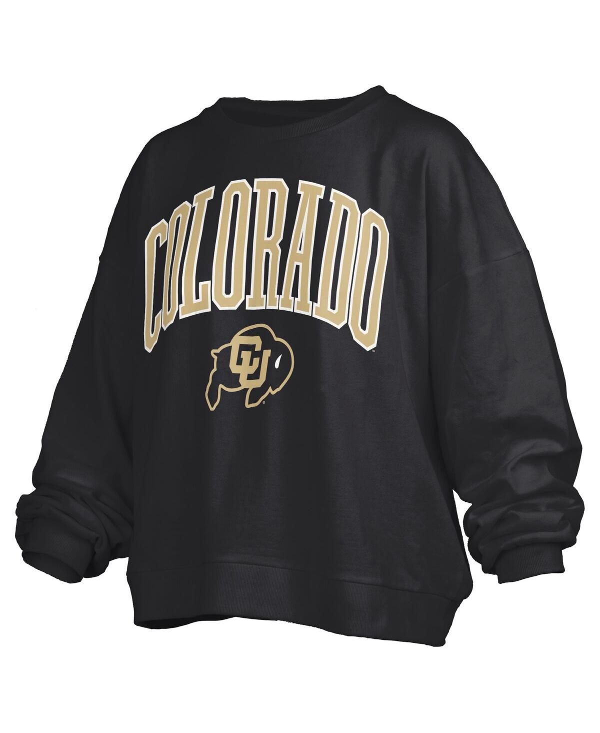PRESSBOX WOMEN'S BLACK COLORADO BUFFALOES JANISE ARCH OVER LOGO WAIST LENGTH OVERSIZED PULLOVER SWEATSHIRT 