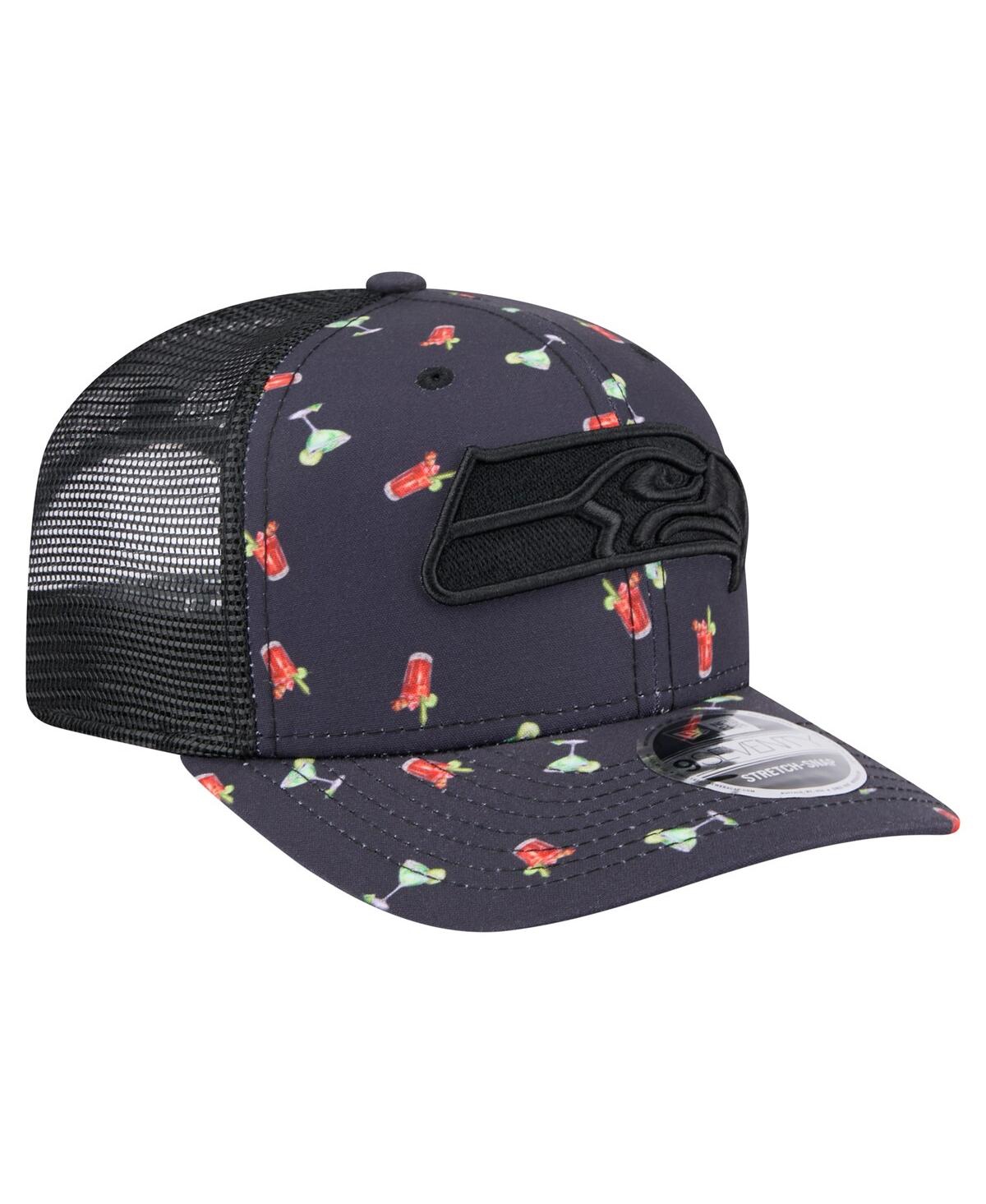 NEW ERA MEN'S NAVY/BLACK SEATTLE SEAHAWKS ADVENTURE DRINKS PATTERN 9SEVENTY STRETCH SNAP HAT 