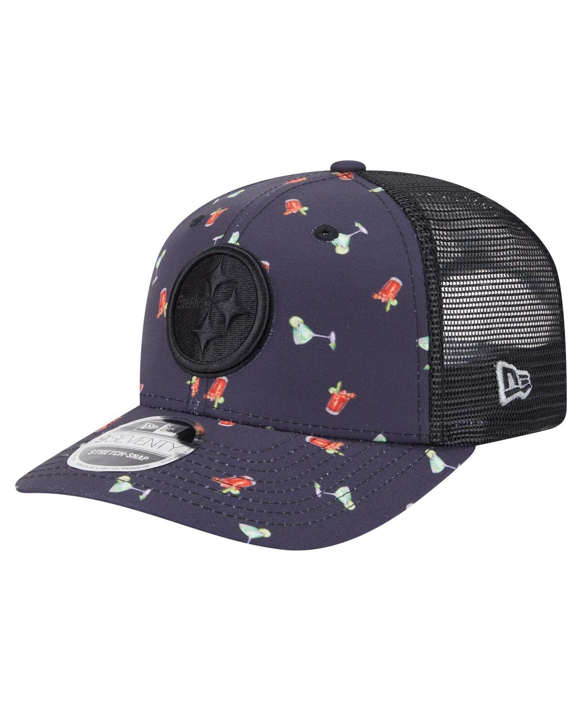NEW ERA MEN'S NAVY/BLACK PITTSBURGH STEELERS ADVENTURE DRINKS PATTERN 9SEVENTY STRETCH SNAP HAT 