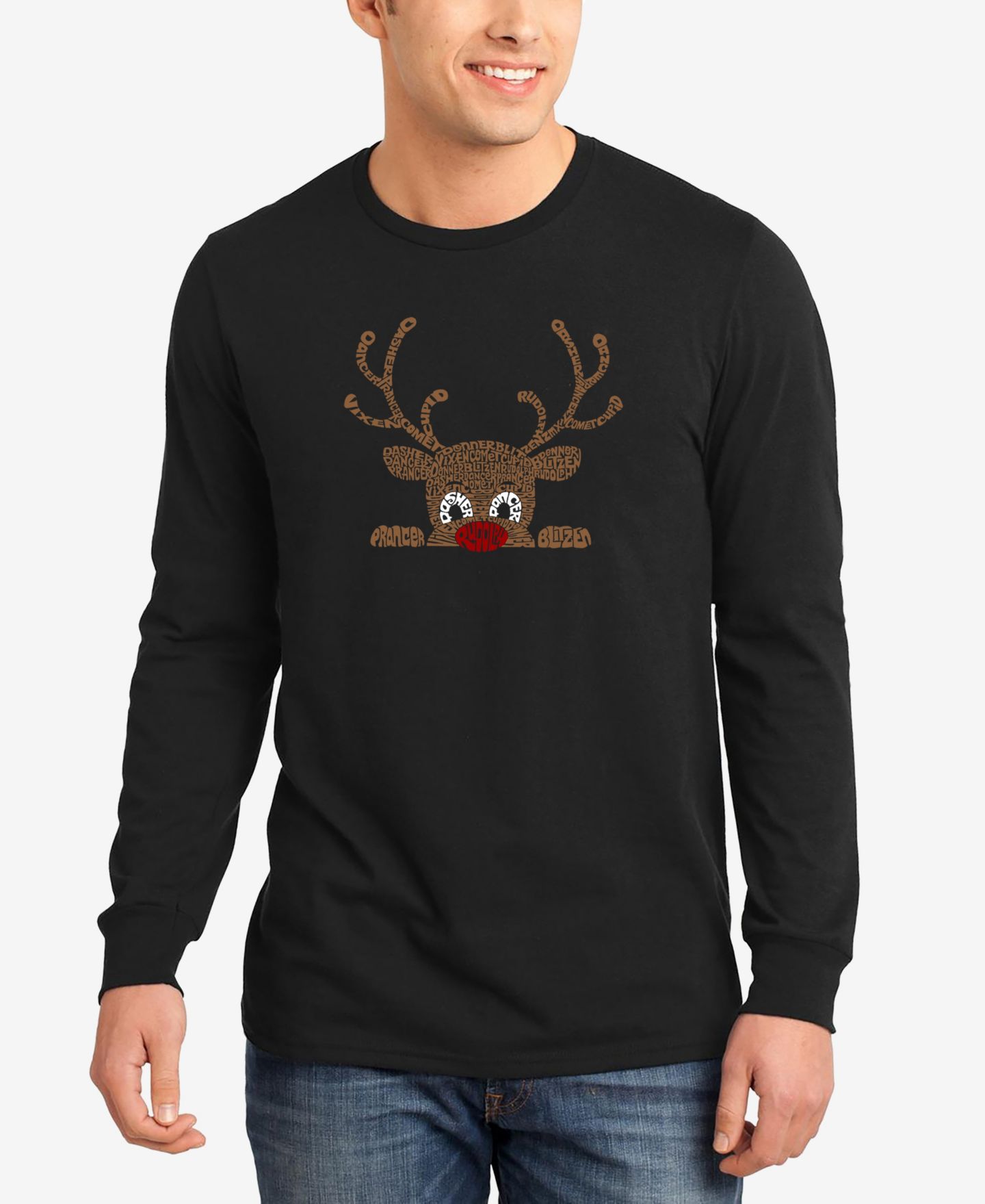 Мужская футболка LA Pop Art Peeking Reindeer Word Art Long Sleeve, цвет: Чёрный — фото 1