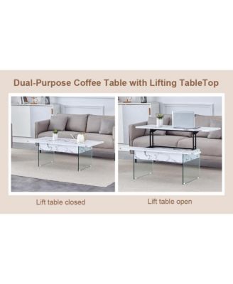 Multifunctional Lift Top Coffee Table with Modern Marble Pattern and Tempered Glass Legs