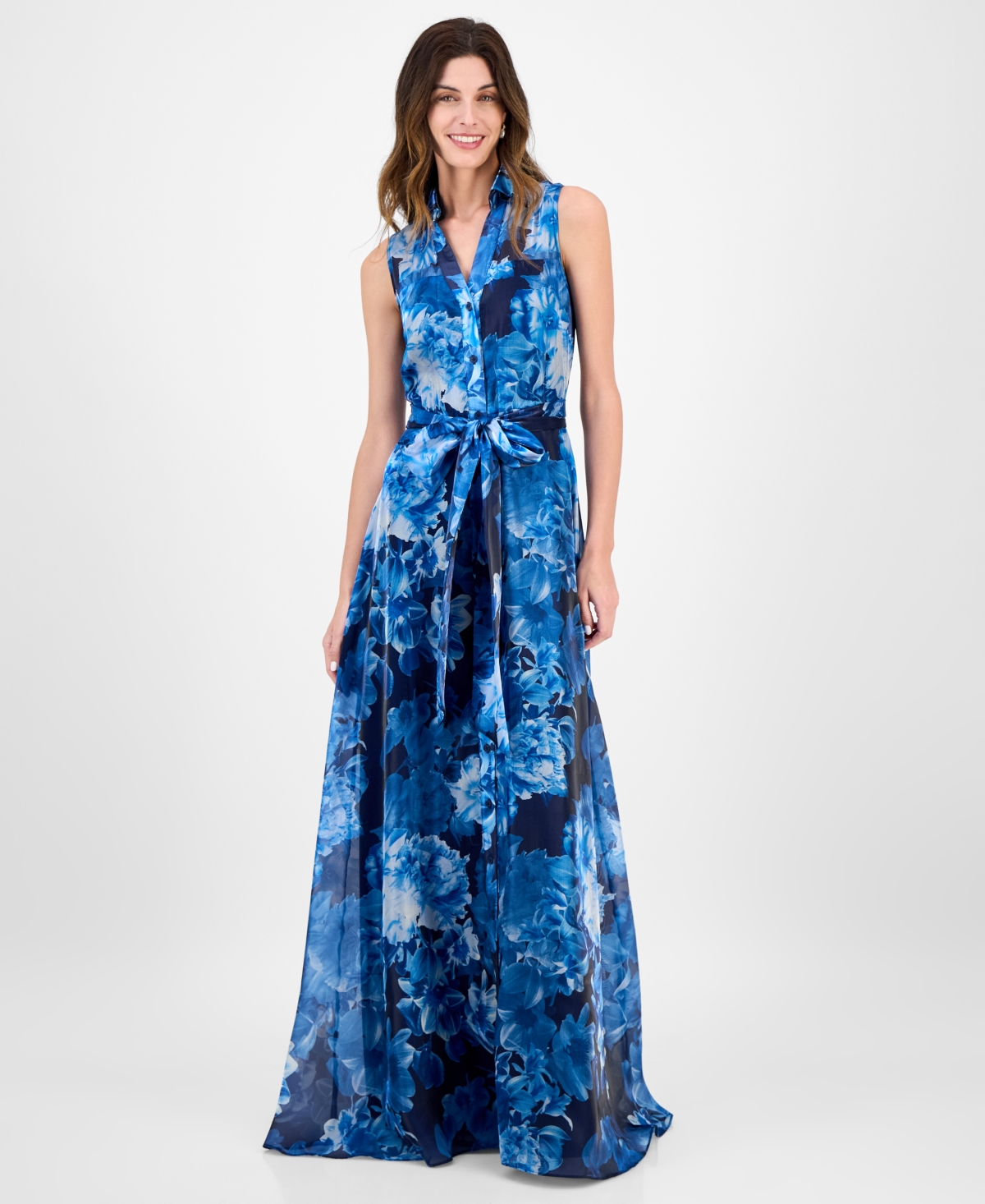 Women's Sleeveless Maxi Shirtdress - Blue Multi