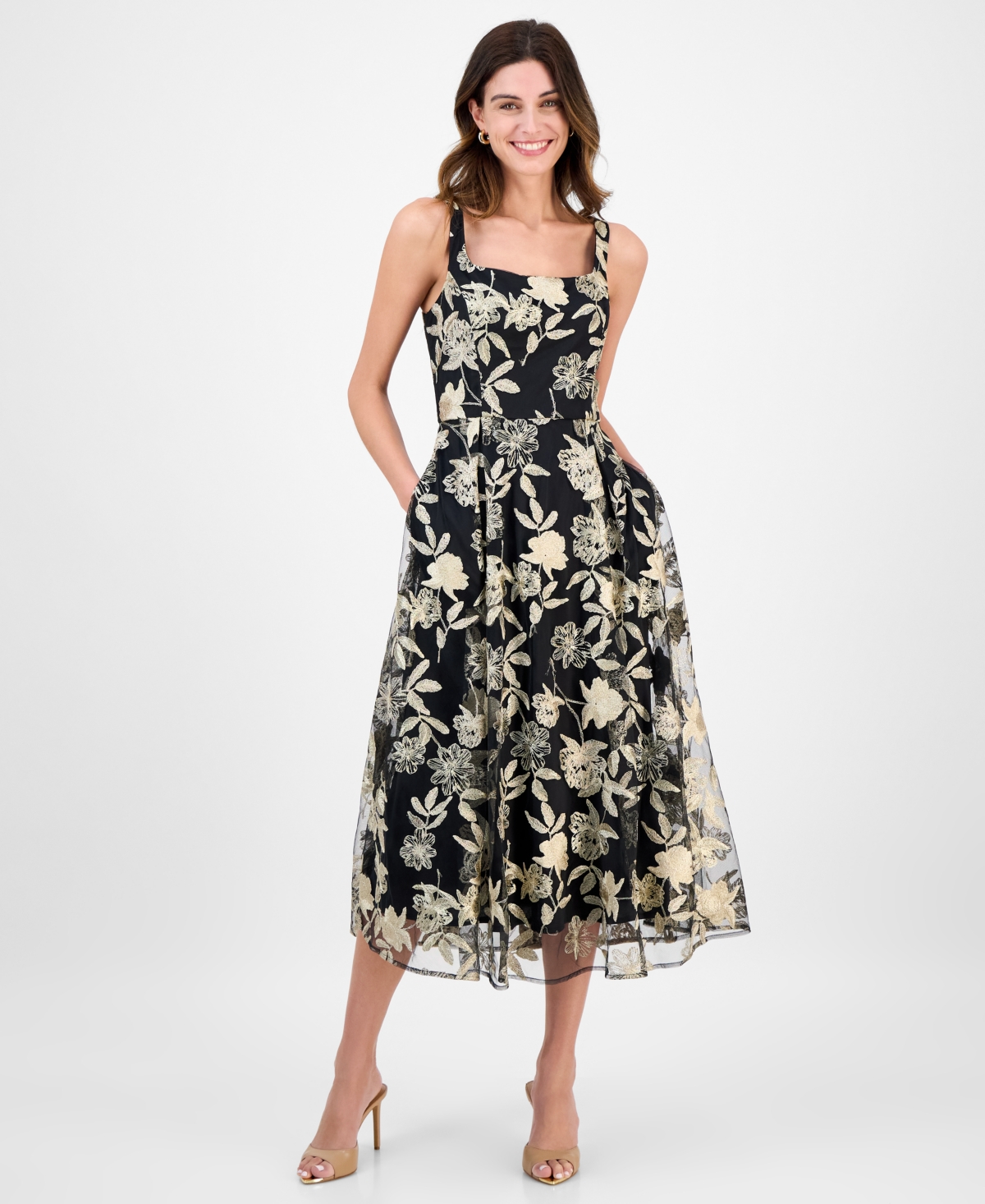 Women's Sleeveless Square-Neck Dress - Black/gold