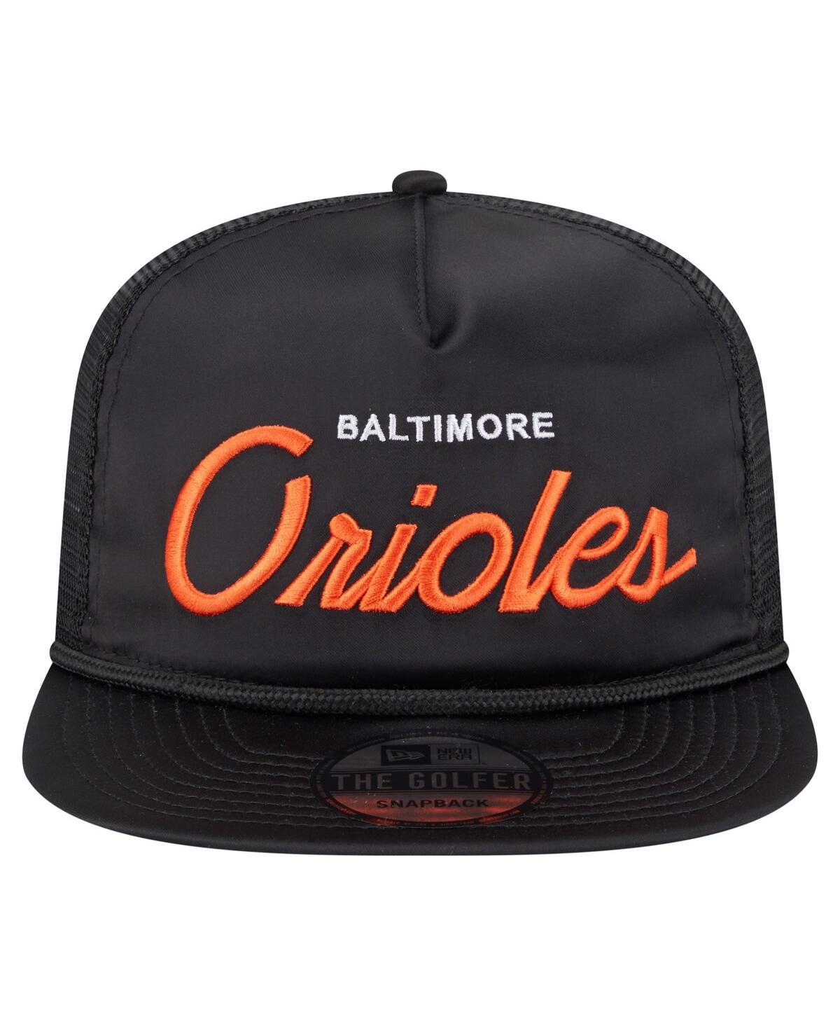 NEW ERA MEN'S BLACK BALTIMORE ORIOLES RETRO SATIN SCRIPT GOLFER ADJUSTABLE HAT 