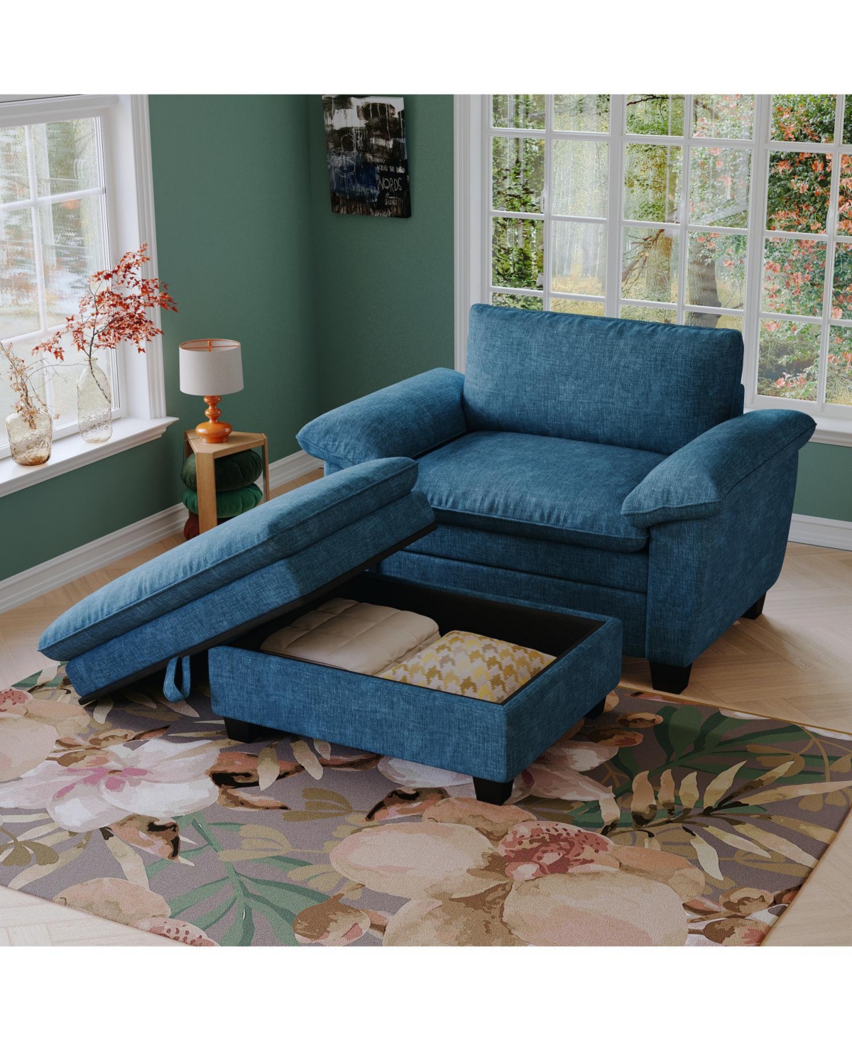 Streamdale 51" Blue Chenille Chaise Lounge with Ottoman & Storage