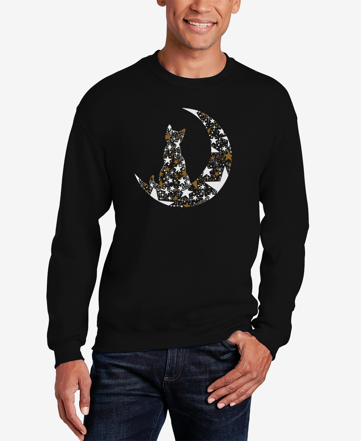 La Pop Art Men's Cat Sitting On Moon Word Art Crewneck Sweatshirt